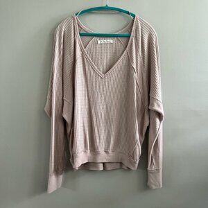 Free People‎ We the Free Oversized Long Sleeve Shirt Waffle Knit Tan Beige